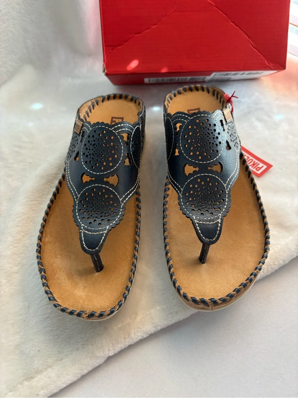 PIKOLINOS Marina Thong Wedge Leather Sandals Blue Size 37 EU 6.5-7 US